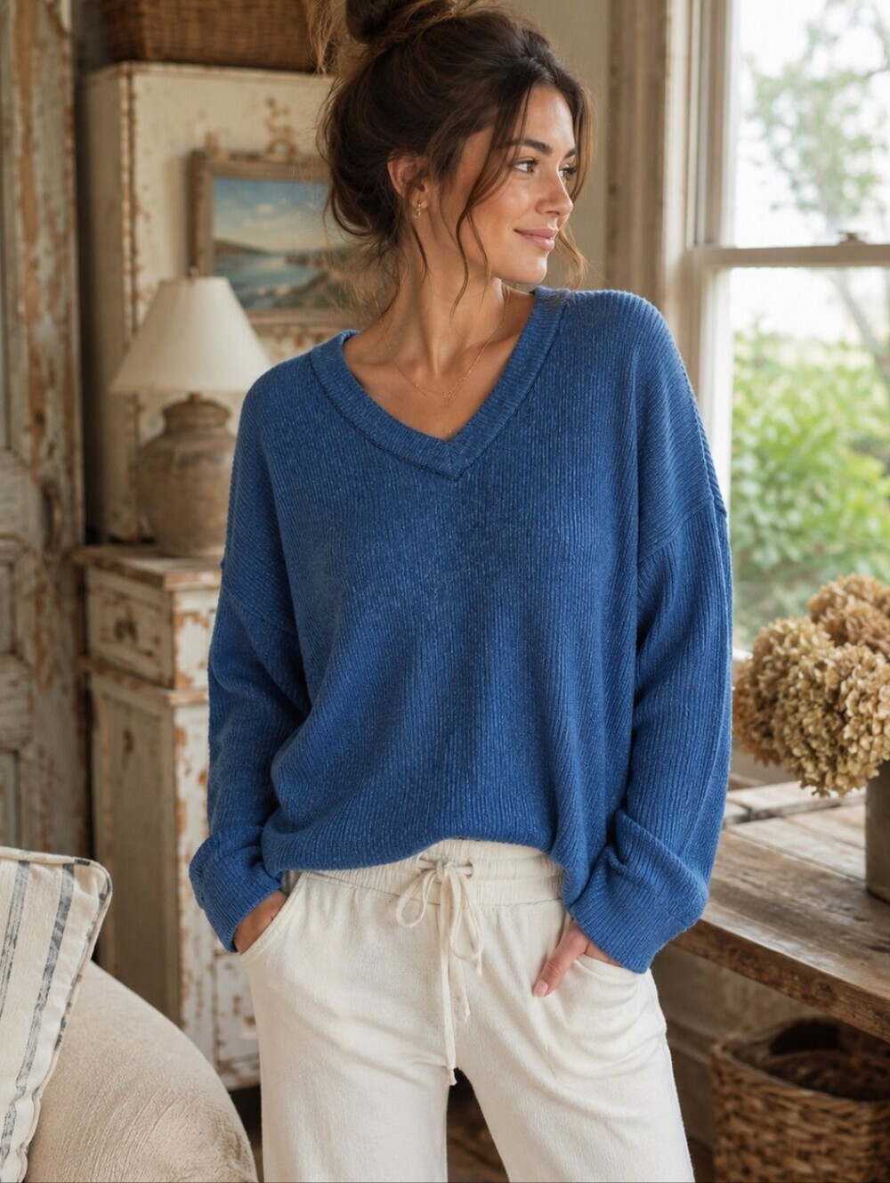 Zenana Outfitters Relaxed V-Neck Sweater in Denim Blue